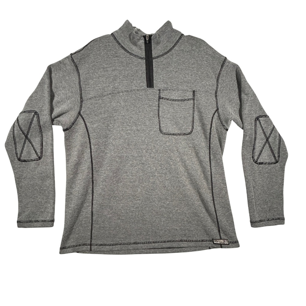 Prana Quarter Zip Pullover Mens XL Gray Solid Elbow Patches Pocket Sweater